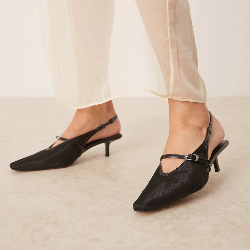 Mango MNG black mesh slingback kitten heels square toe